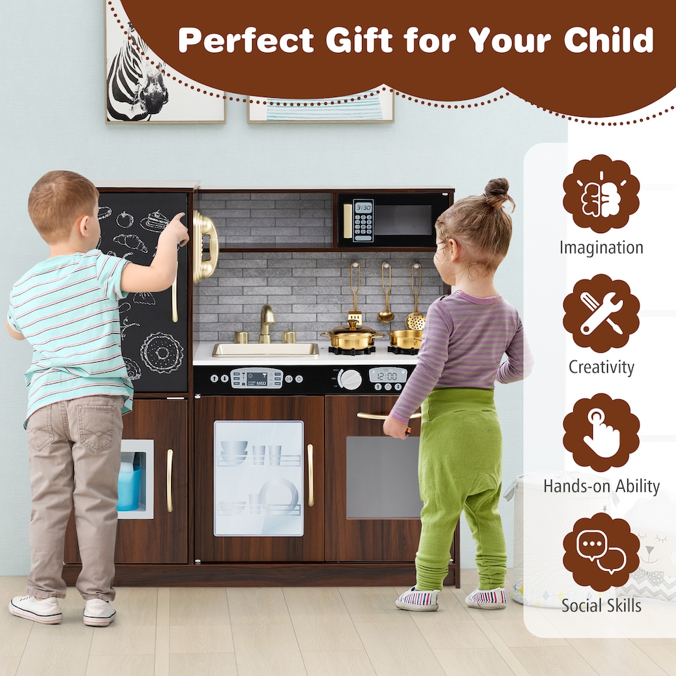 image 1 of COSTWAY Wooden Play Kitchen Kids Pretend Play Toy w/Microwave Ice Make-Brown