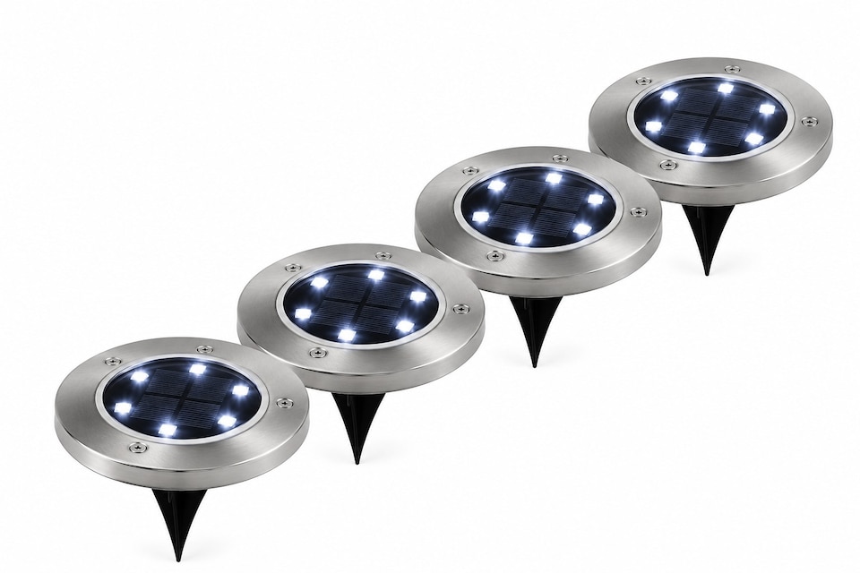 image 1 of Solar LED Stainless Steel Ground Lights Bright White Outdoor Garden Path Lights Weather Resistant with Stakes & Rechargeable Batteries Pack of 4