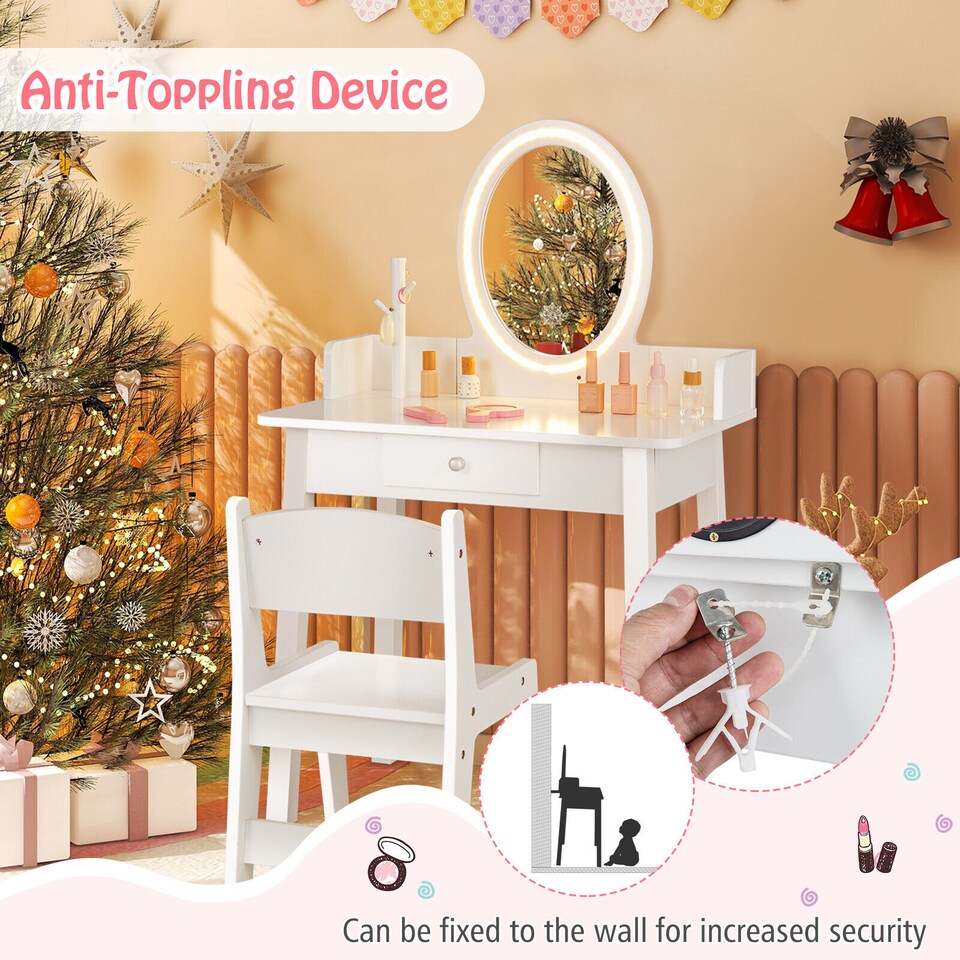 image 1 of COSTWAY Kids Vanity Set Makeup Beauty Dressing Table White