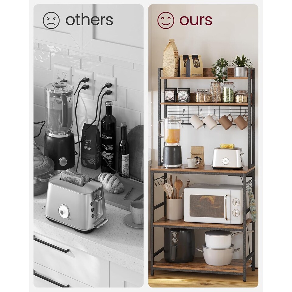image 1 of Kitchen Storage Rack with Power Outlet, Coffee Station Style Baker’s Rack with Hooks and Panel, Rustic Brown and Ink Black