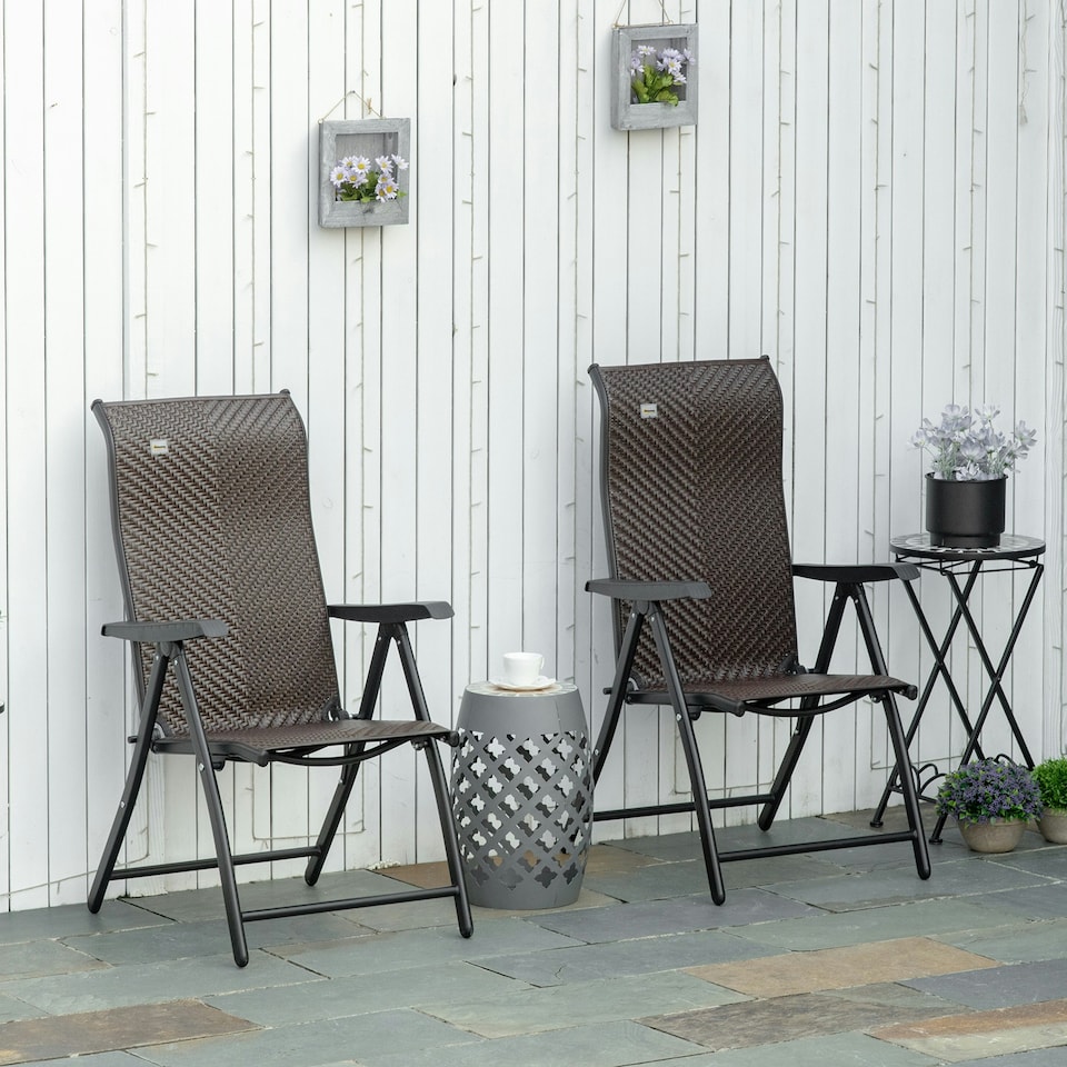 image 1 of Outsunny Set of 2 Outdoor Rattan Folding Chair Set w/ Adjustable Backrest Brown