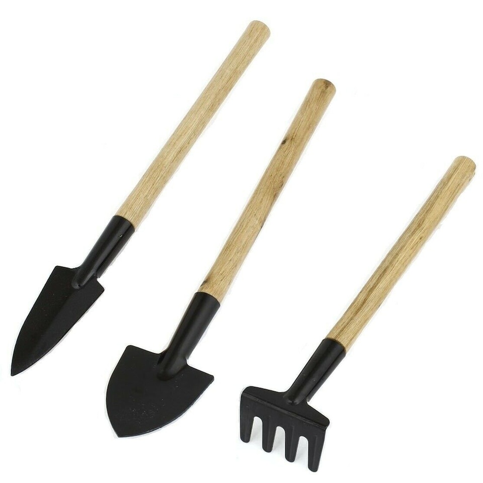 image 1 of 3 Piece Mini Gardening Tool Set | Metal Hand Rake Trowel and Shovel with Wooden Handles