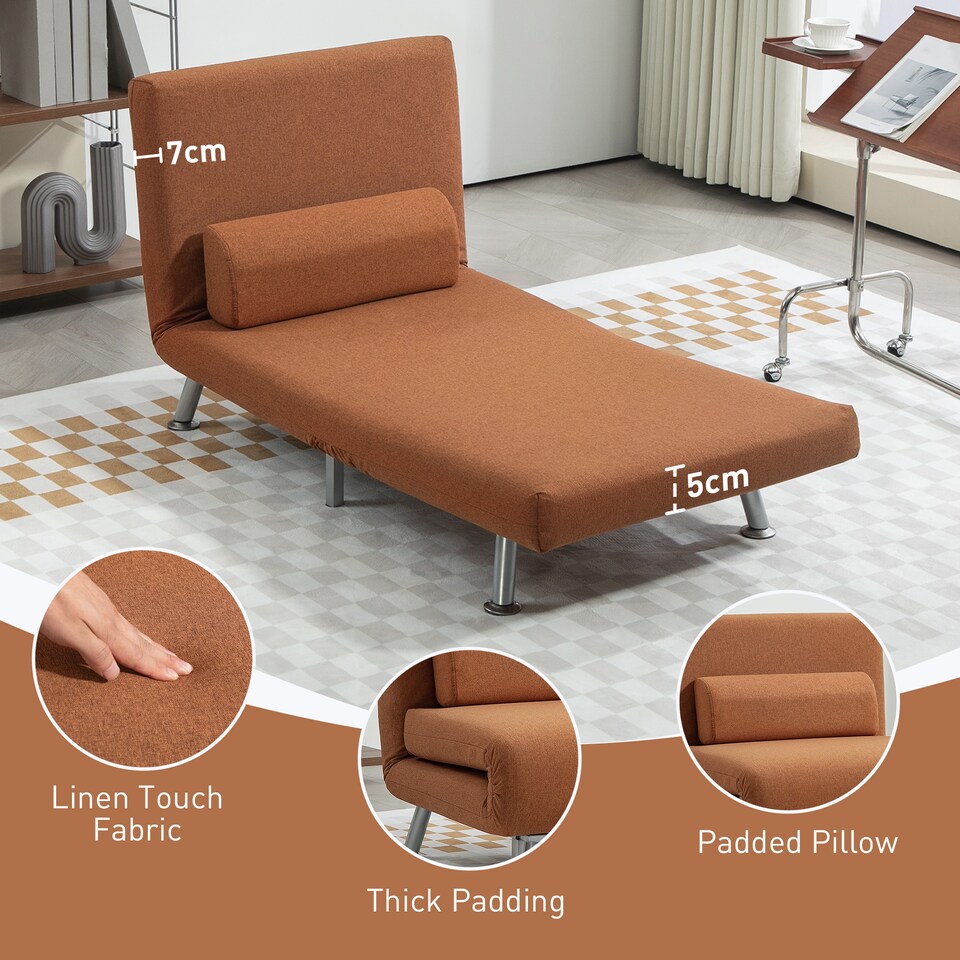 image 1 of HOMCOM Linen Chair Bed, 3-in-1 Convertible Sleeper Chair with Adjustable Backrest, Pillow, for Living Room, Bedroom, Coffee | Brown | One Size