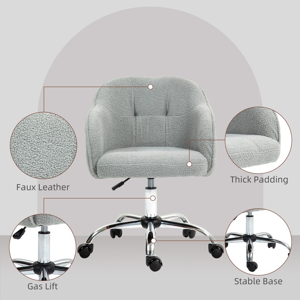 image 1 of HOMCOM Vanity Swivel Chair, Teddy Fleece Office Desk Chair with Adjustable Height for Home, Study, Bedroom, Makeup, Grey