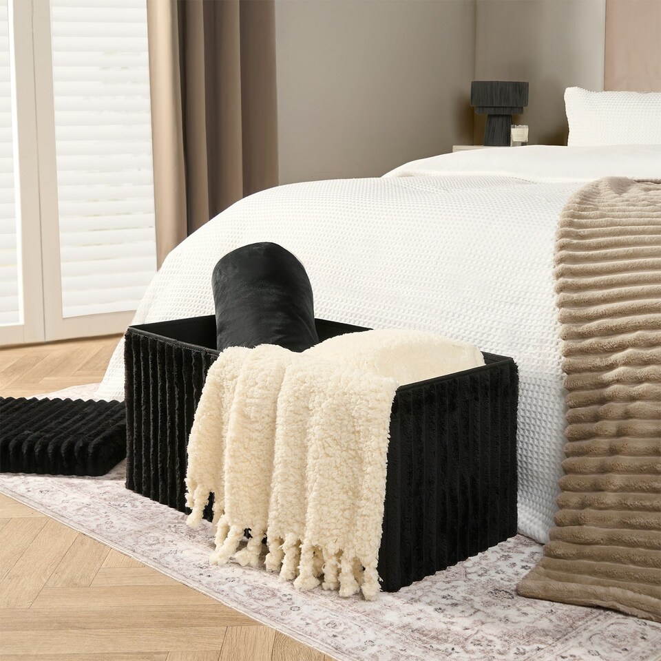 image 1 of OHS Soft Fleece Ribbed Long Rectangle Foldable Footstool Seat Storage Organiser Ottoman Black