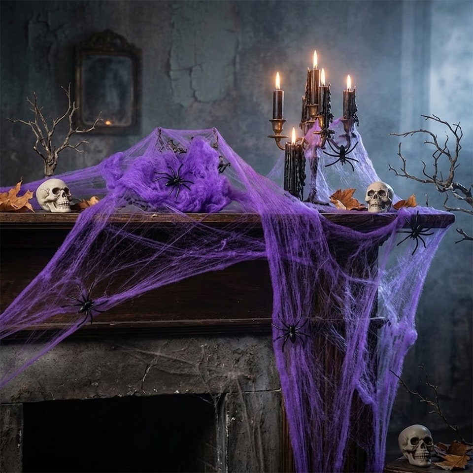image 1 of Purple Cobweb with Plastic Spiders Halloween Decoration 60g
