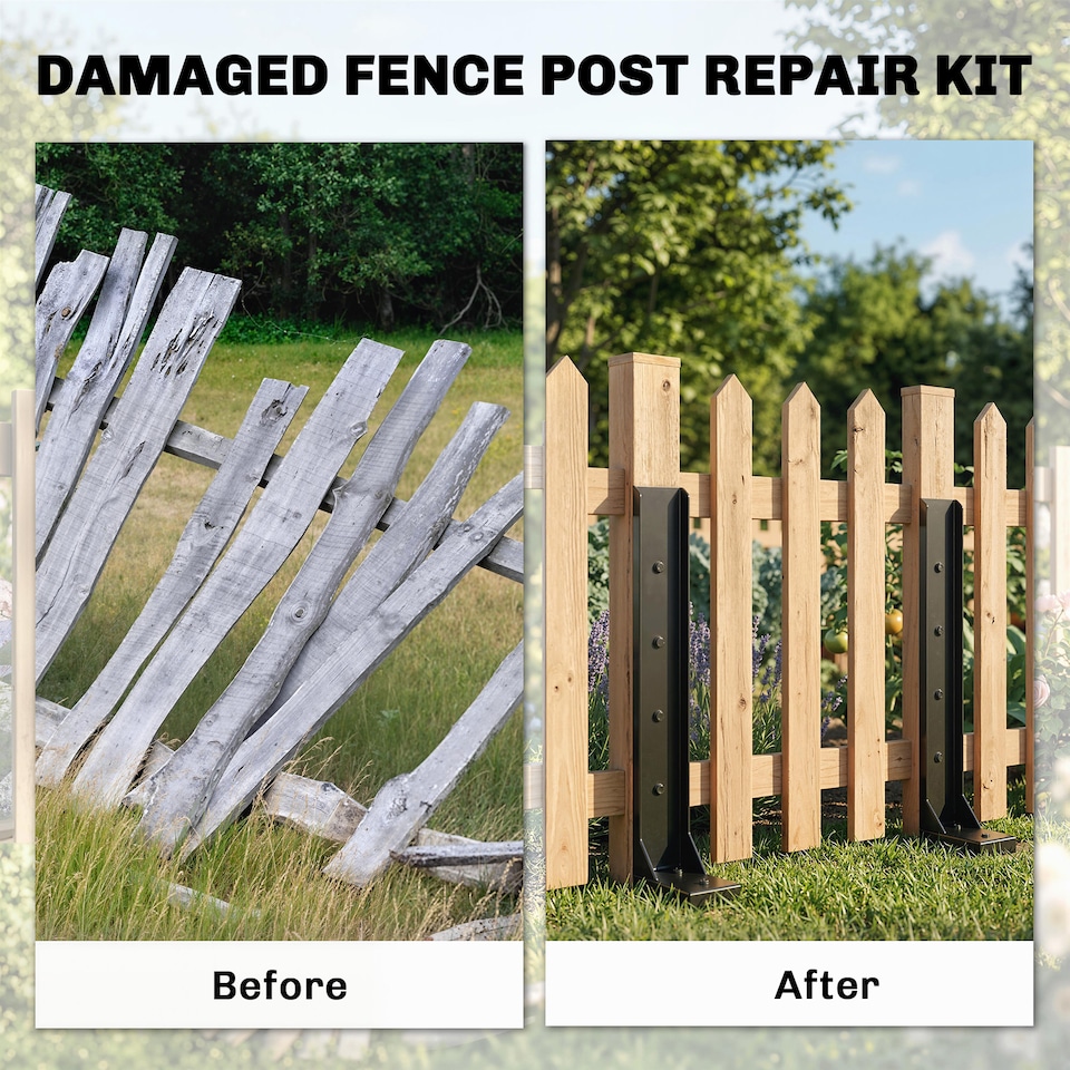 image 1 of Outsunny 2 Pack Fence Post Repair Kit, Metal Fence Post Support with Drill | Black | Black | 81 x 5.5 x 12 cm