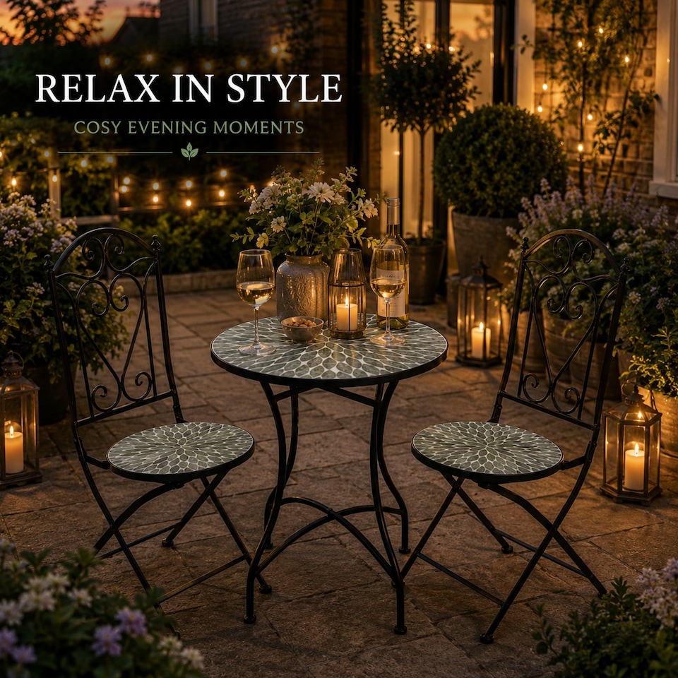 image 1 of Leaf Mosaic Bistro Set with Folding Chairs, Ceramic Top Outdoor Table and Two Seat Garden Furniture for Patio and Balcony