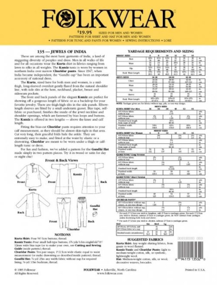image 1 of Folkwear Patterns Jewels Of India Paper Sewing Pattern – Men’s & Women’s Small - X Large, Intermediate