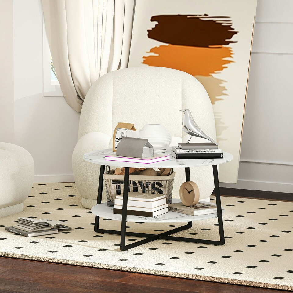 image 1 of HOMCOM Round Coffee Table with Storage Shelf and Marble Effect Top, White