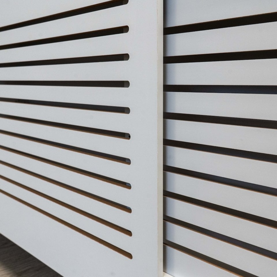 image 1 of JSH Radiator Cover White Horizontal Slat Wood MDF - Adjustable - 140-204cm (W) x 81.5cm (H) x 19cm (D) | White