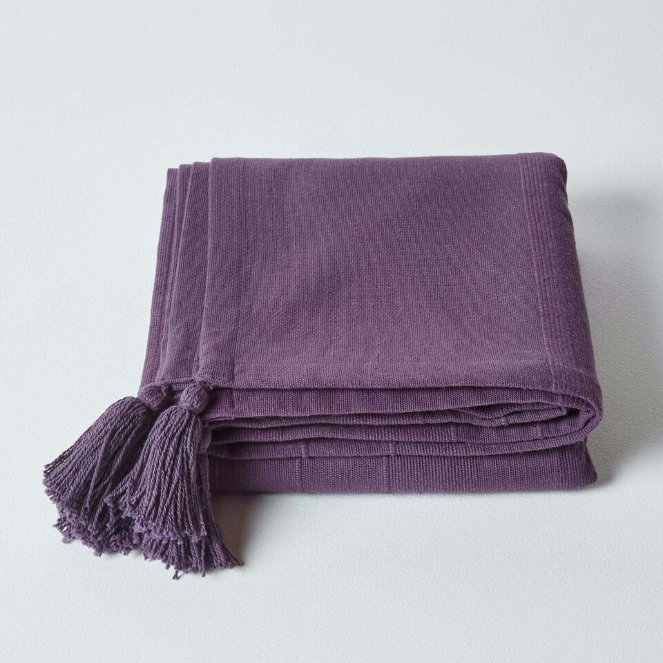 image 1 of Homescapes Cotton Rajput Ribbed Purple Throw - 225 x 255 cm | Purple | 1