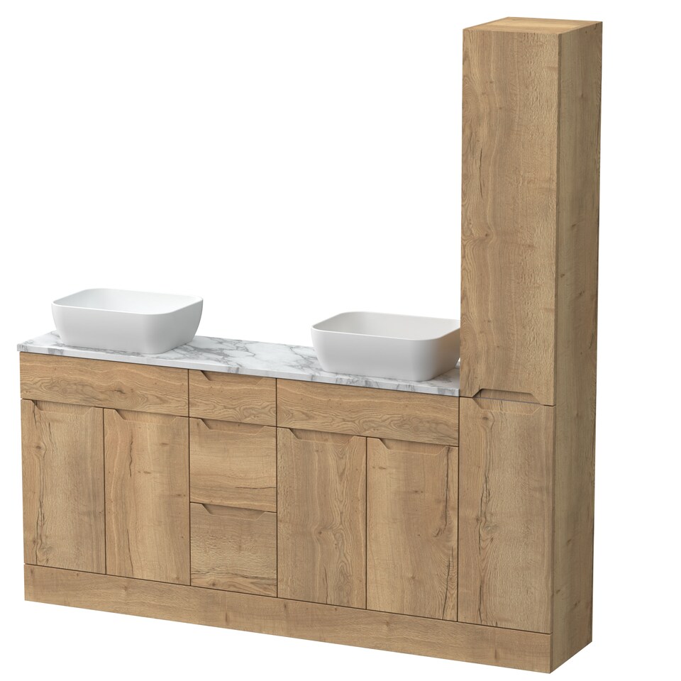 image 1 of Balterley Teddesley Floor Standing 4 Door 3 Drawer Vanity Combination Unit with Tall Unit, Laminate Worktop and Countertop Vessel, 1800mm, Autumn Oak