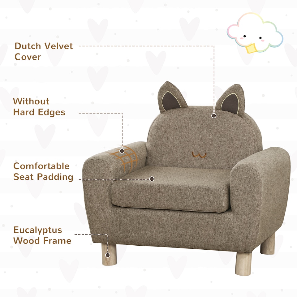 image 1 of HOMCOM Kids Sofa Children Armchair Toddler Chair Ear Modeling Bedroom | Brown | One Size