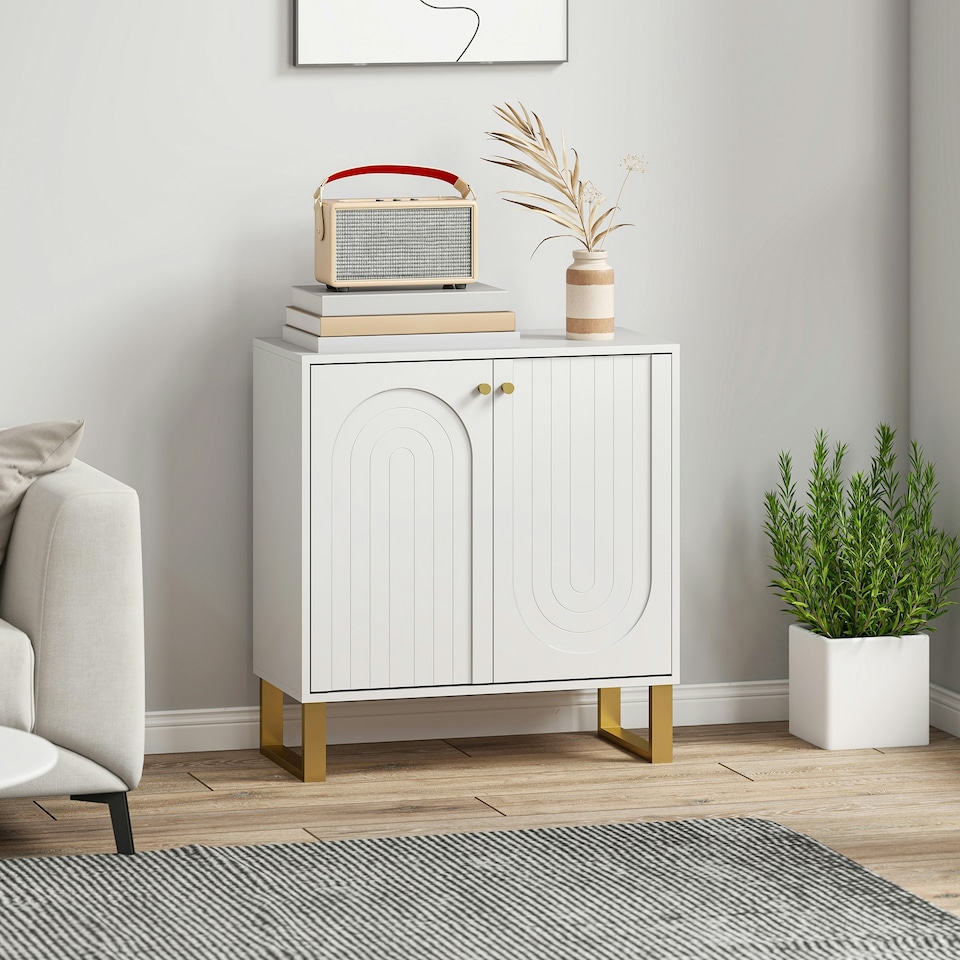 image 1 of HOMCOM Sideboard with Adjustable Shelves & 2 Doors for Living Room, White White | Gold