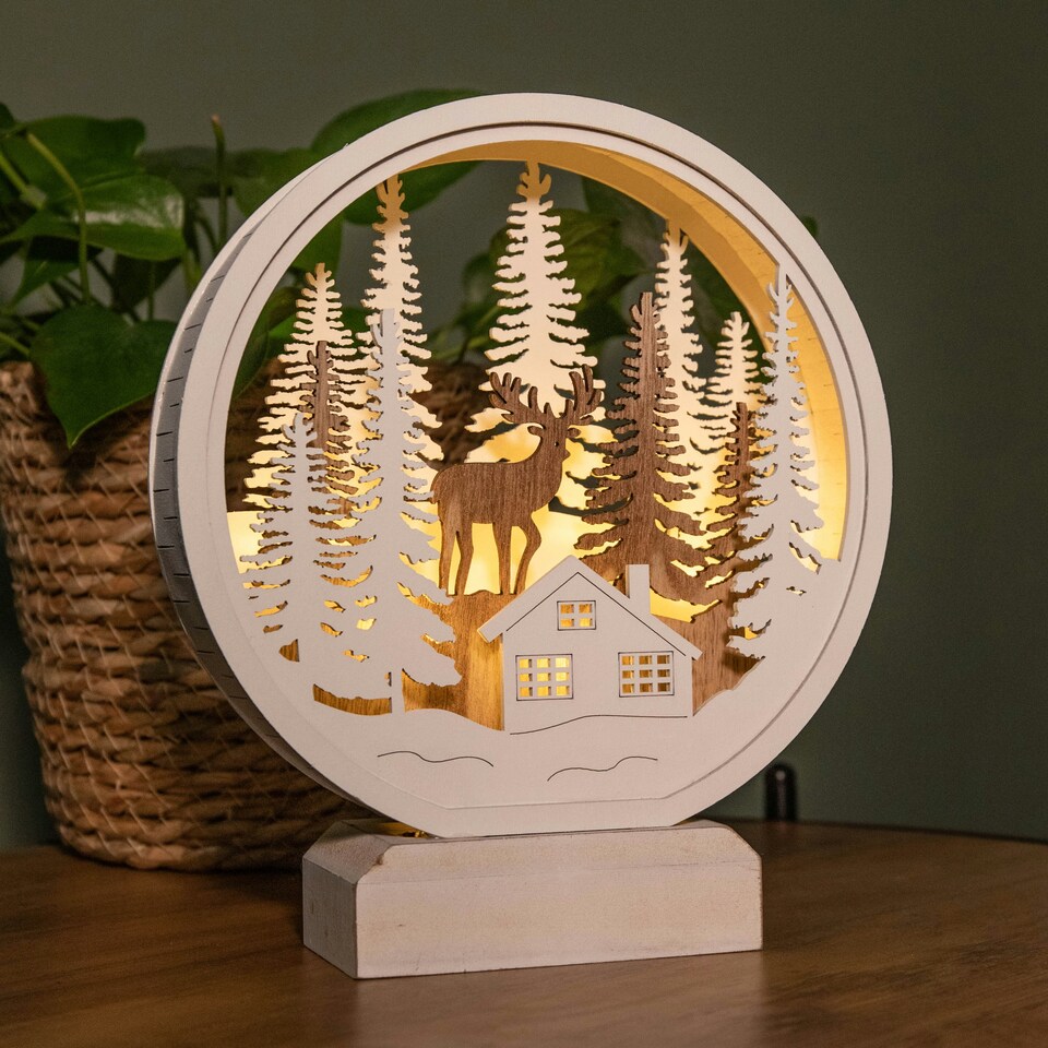 image 1 of 21cm Battery Operated Light up White Wooden Village Landscape with Warm White LEDs