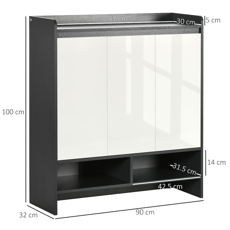 image 1 of HOMCOM High Gloss Shoe Cabinet with White Doors and Open Shelves, Hallway Shoe Cupboard Storage Organizer for 19 Pairs of Shoes, Grey