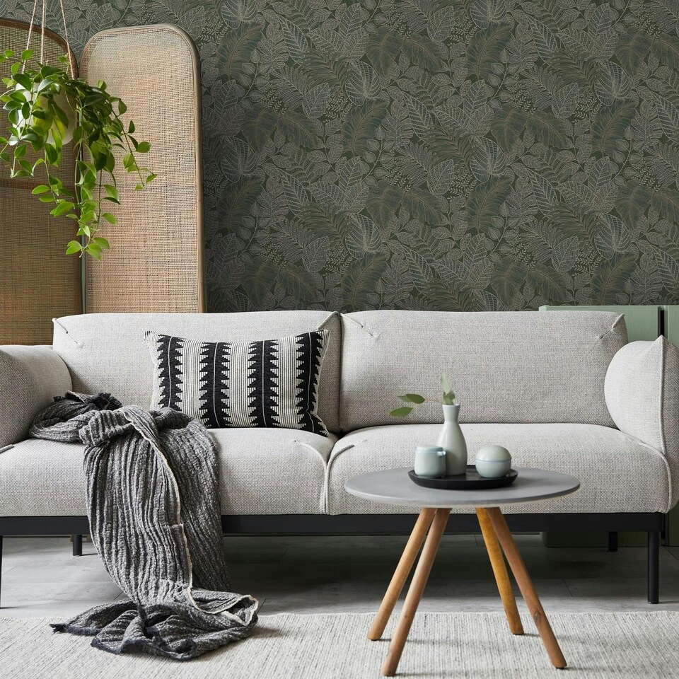 image 1 of Superfresco Easy Scattered Leaves Forest Green Wallpaper | Green | Copper | 10m Length x 52cm Width