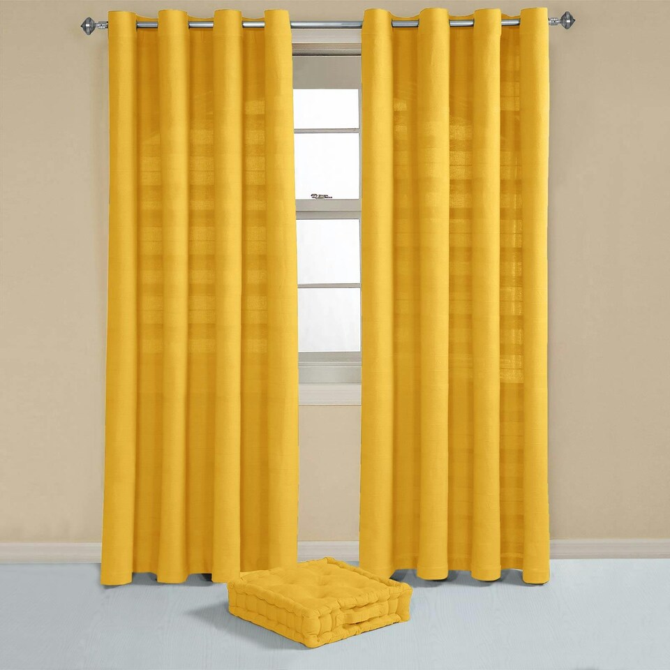 image 1 of Homescapes Cotton Rajput Ribbed Yellow Curtain Pair - 66 x 72 Inches Drop