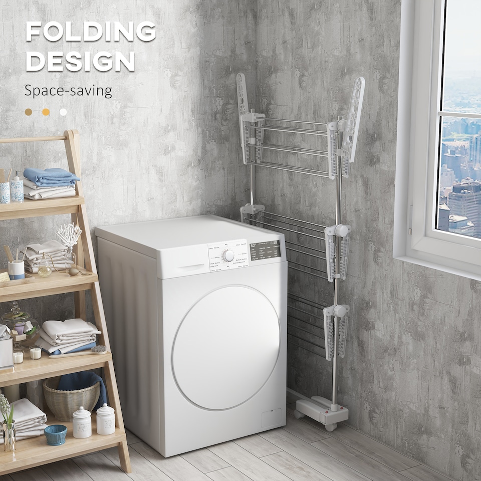 image 1 of HOMCOM 3-Tier Clothes Airer, Stainless Steel Foldable Clothes Drying Rack with Wheels and Wings, Indoor and Outdoor, Easy Assembly, 142 x 55 x 152cm, White