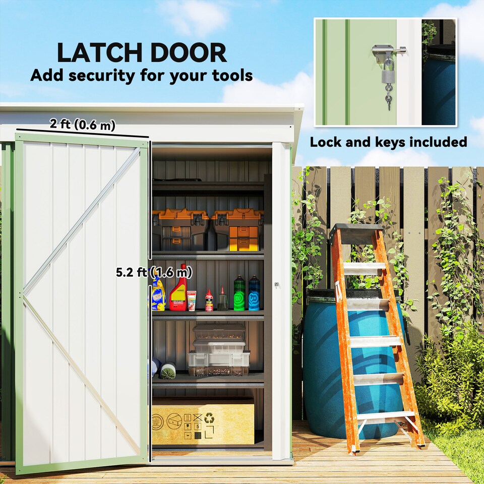 image 1 of Outsunny 5x3ft Garden Shed, Steel Small Shed, Outdoor Leanto Shed with Adjustable Shelf, Lock and Gloves for Patio, Garden, Green without Foundation Kit