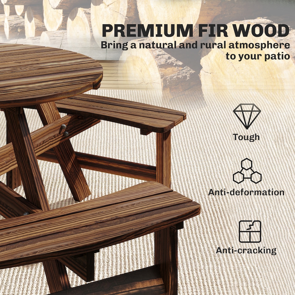 image 1 of Outsunny 6 Person Fir Wood Table Bench Set Outdoor Garden Patio, Carbonized | Brown | Carbonised finish | Table: 90 x 70 cm; Bench: 80 x 25 x 42 cm