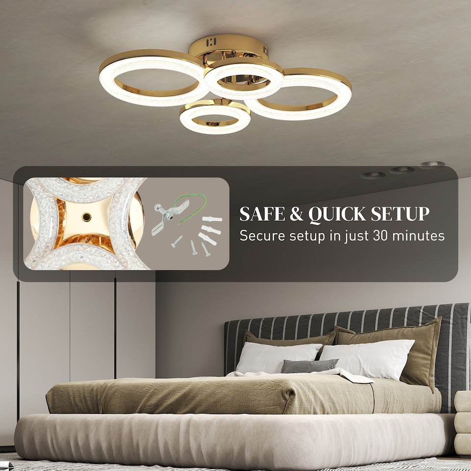 image 1 of HOMCOM LED Ceiling Light, Modern 4 Rings Ceiling Lamp with Wall Switch Control, 40W 4350lm Flush Mount Ceiling Light with 3500K/4500K/6000K Colour Temperatures for Living Room, Bedroom, Gold Tone | Gold