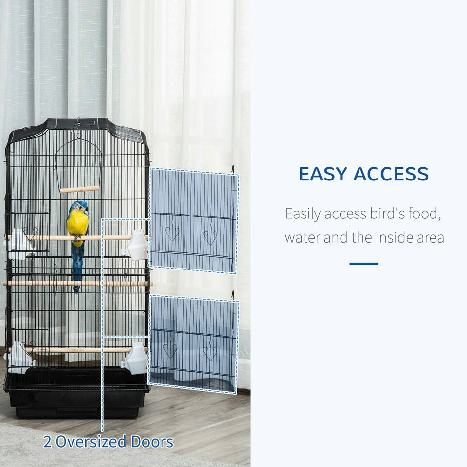 image 1 of PawHut 92cm Large Bird Cage with Stand, Perches, Food Bowls, Swing, Black