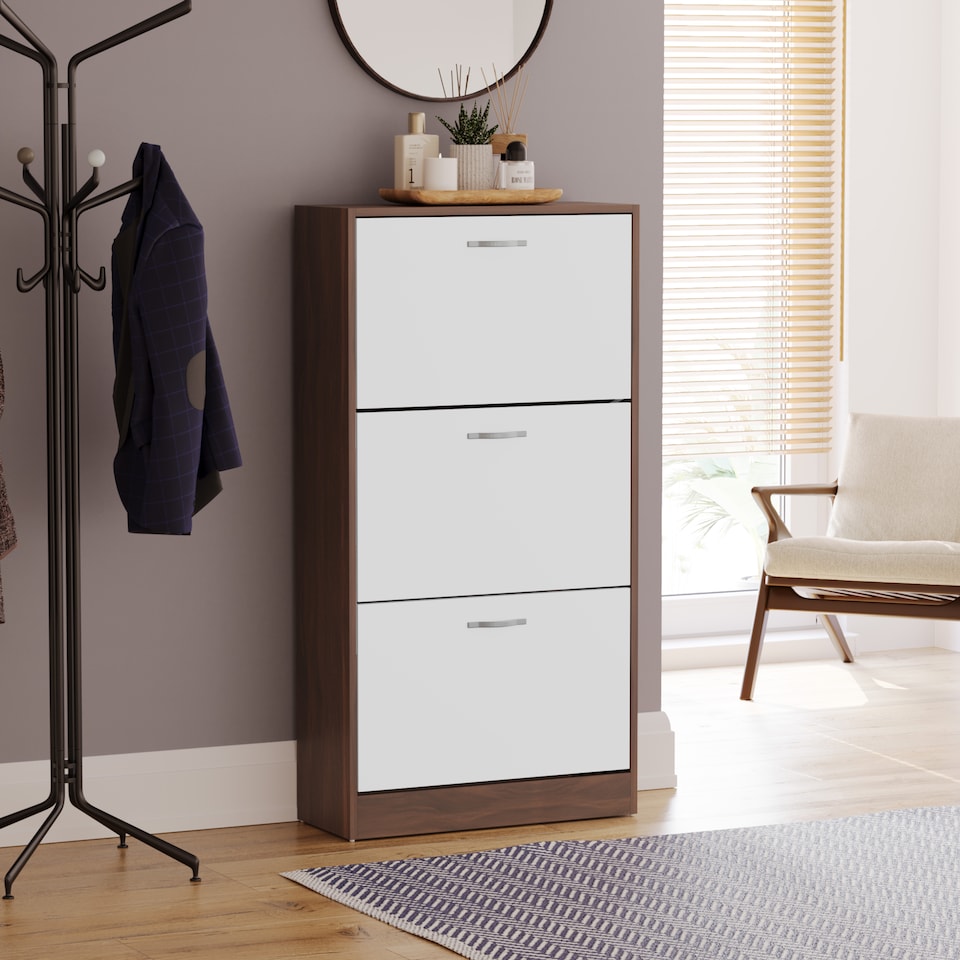 image 1 of Vida Designs 3 Drawer Shoe Cabinet Shoe Rack Storage Cupboard, Walnut & White