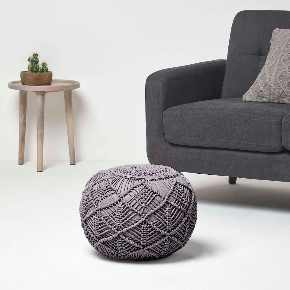 image 1 of Homescapes Grey Macrame Knitted Pouffe - 35 x 40 cm