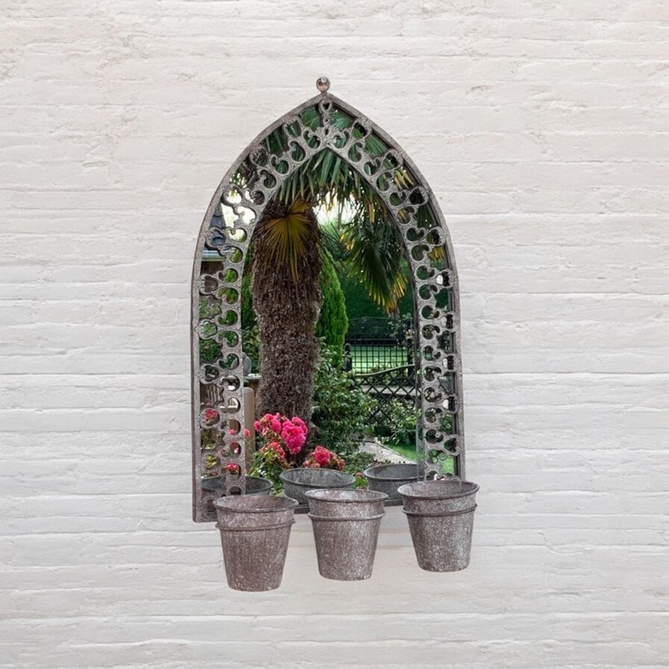image 1 of Rusty Wall Mirror with Triple Planter - Distressed Metal - L15 x W45 x H78 cm - Light Grey Grey