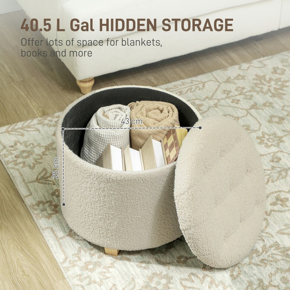 image 1 of HOMCOM 45cm Round Ottoman with Storage, Lid, Cashmere Footstool, Cream White Cream