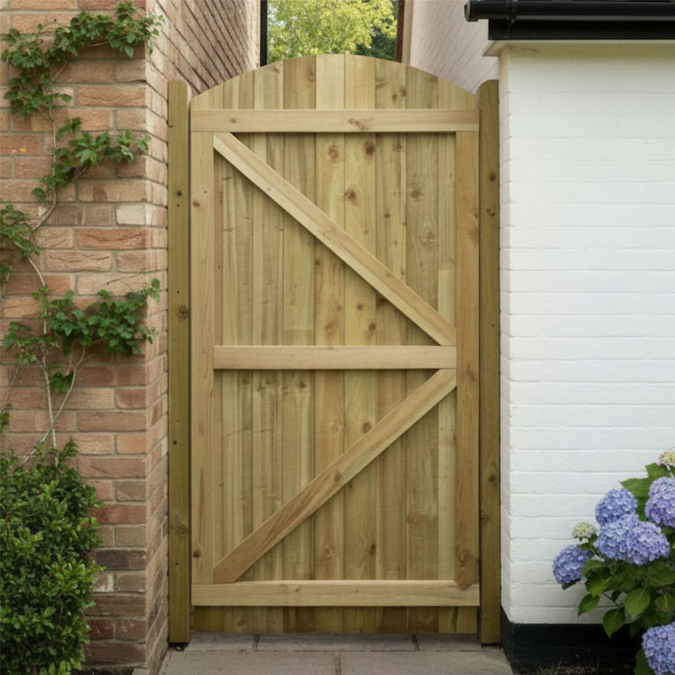 image 1 of Arch Top Wooden Garden Gate 6ft x 2.5ft Feather Edge Fully Framed Treated Door