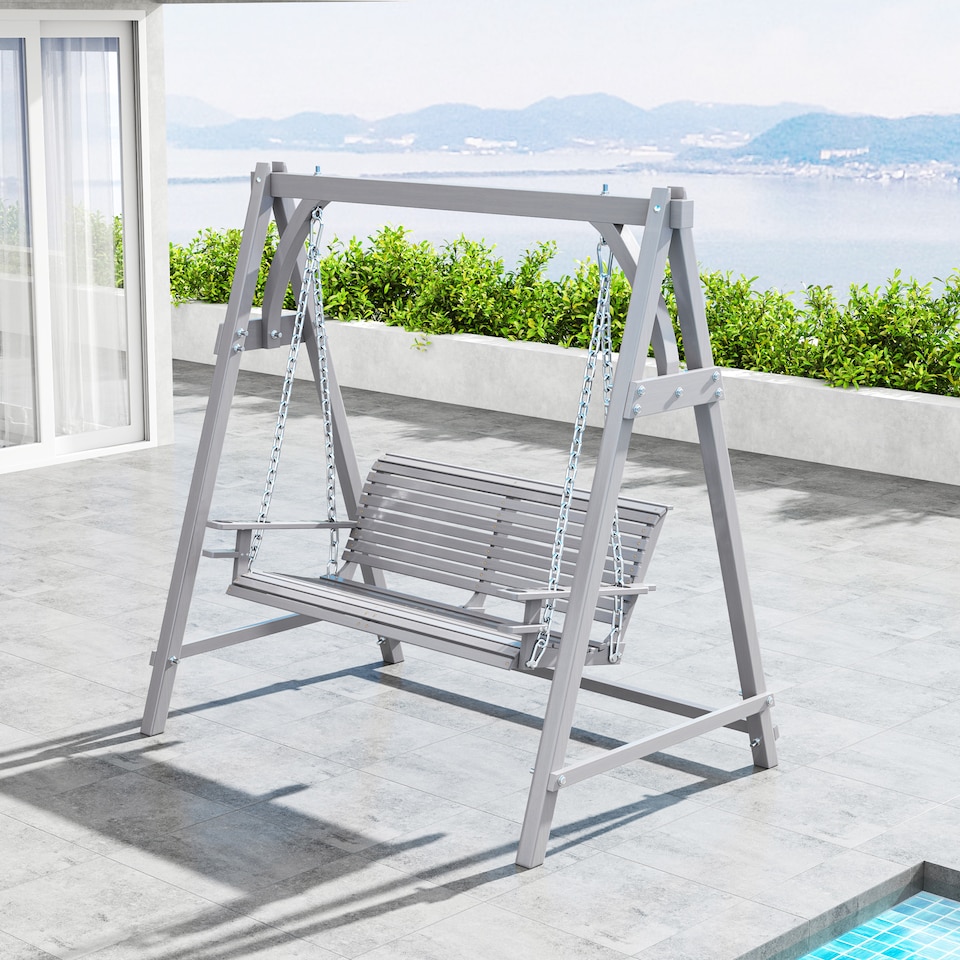 image 1 of Outsunny 2 Seater Wooden Garden Swing Seat Hammock Bench Lounger, Grey