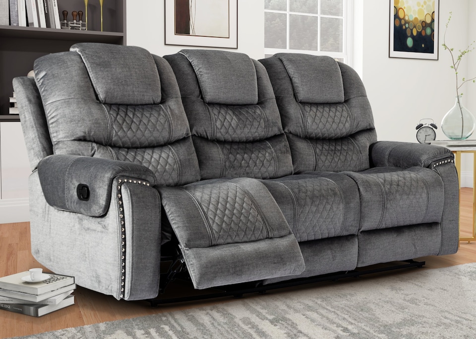 image 1 of Chenille Fabric Grey 3 Seater Manual Recliner Sofa RAVENNA