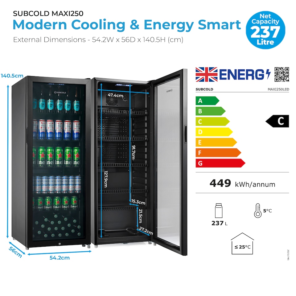 image 1 of Subcold Maxi250 LED Tall Glass Door Drinks Fridge 237 Litre Net Capacity