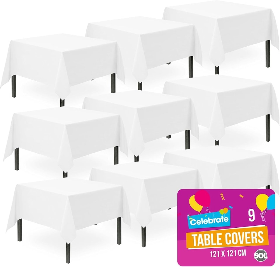image 1 of SOL 9pk White Table Cloth Party 121x121cm Plastic Cover Tablecloth Disposable