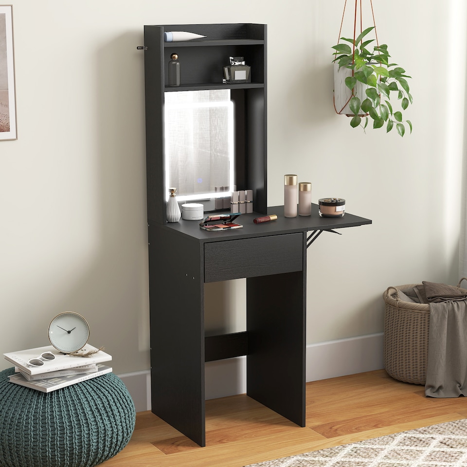 image 1 of HOMCOM Compact Dressing Table with Lighted Mirror Open Shelves Drawer | Black