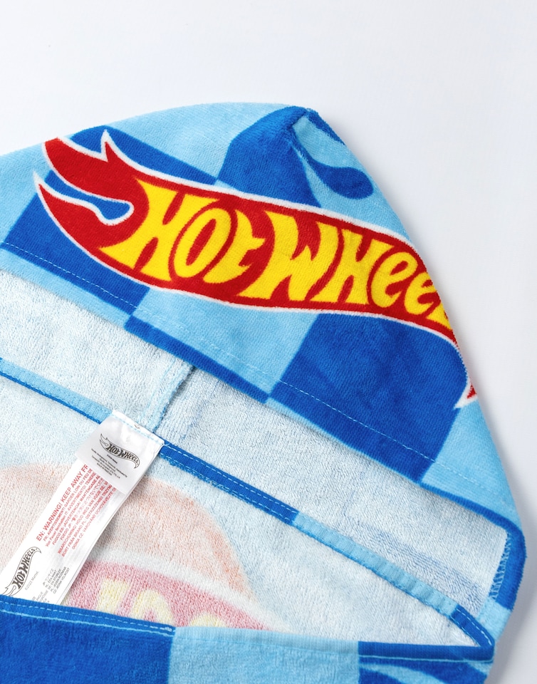 image 1 of Hot Wheels Race Track Boys Blue Poncho Towel | Hooded Beachwear with Multi-Car Graphics & Checkered Pattern | Poolside Cover-Up | After-Bath Towel for Kids | Hot Wheels Merch
