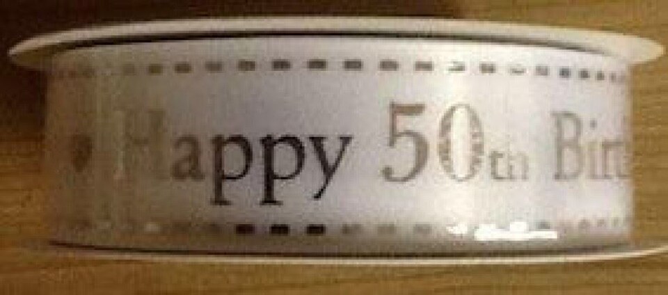 Bertie's Bows White & Silver 50th Birthday 25mm Happy Birthday Ribbon for Dressmaking - per metre