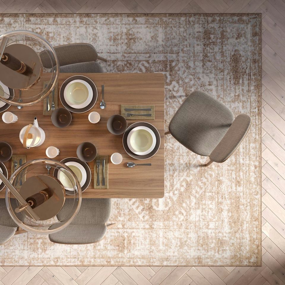 image 1 of KUKOON Neutral Beige Geometric Medallion Bordered Rug 120cm x 170cm