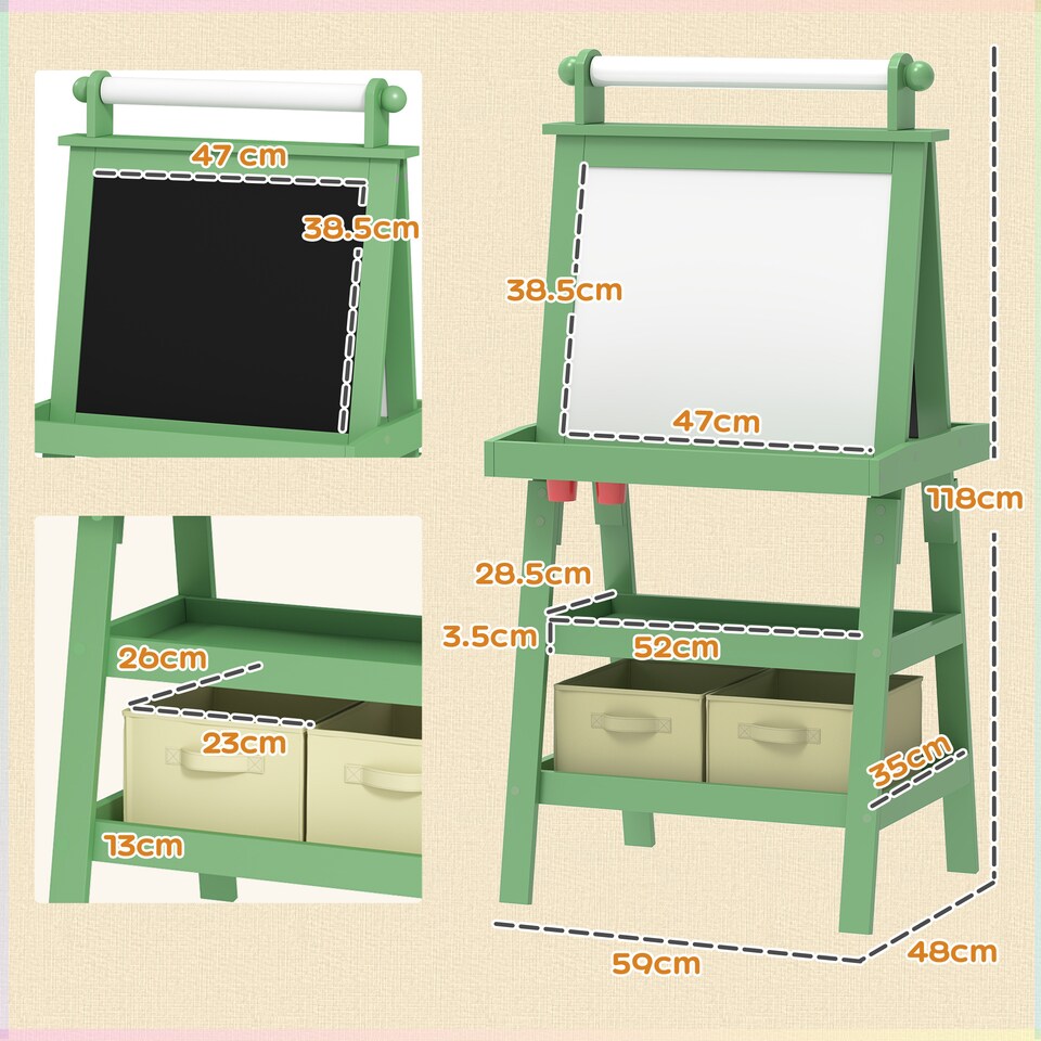 image 1 of AIYAPLAY Double-Sided Art Easel for Kids w/ Paper Roll, Storage Baskets Green