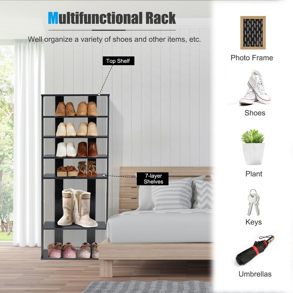 image 1 of COSTWAY 7-tier Double Shoe Storage Tower Rack Stand Black Black