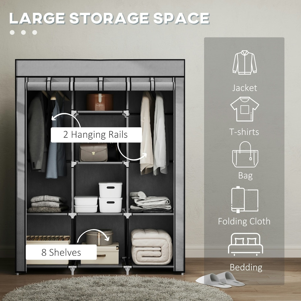 image 1 of HOMCOM Fabric Portable Wardrobe with 8 Shelves 2 Hanging Rails, Light Grey Grey