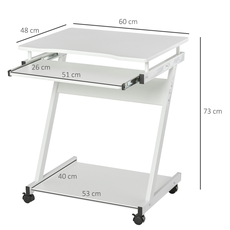 image 1 of HOMCOM Movable Computer Desk with 4 Moving Wheels Sliding Keyboard Tray White