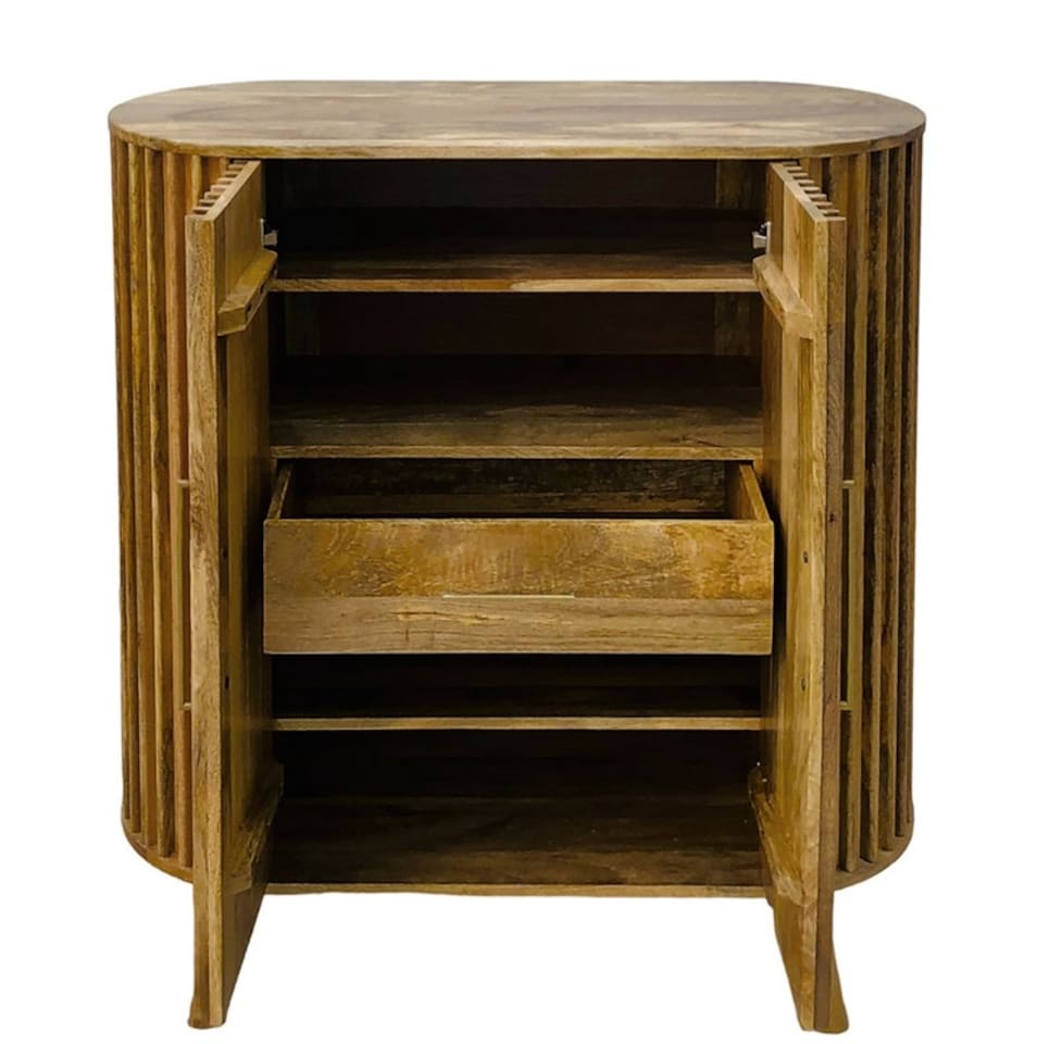 image 1 of Slated 2 Door Highboard Cabinet - Mango Wood - L45 x W106.5 x H110 cm - Light Finish - Assembly Required