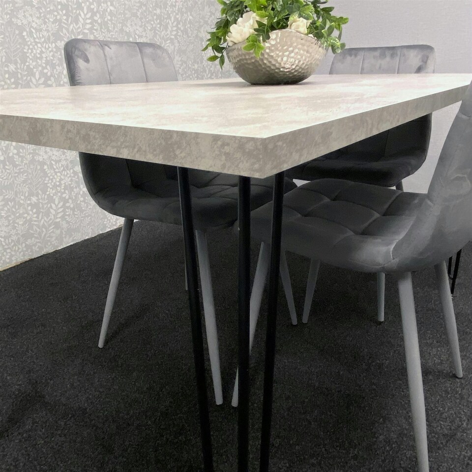 image 1 of Grey Dining Table with Hairpin Legs & 4 Grey Velvet Chairs Set for Kitchen & Dining Room Grey