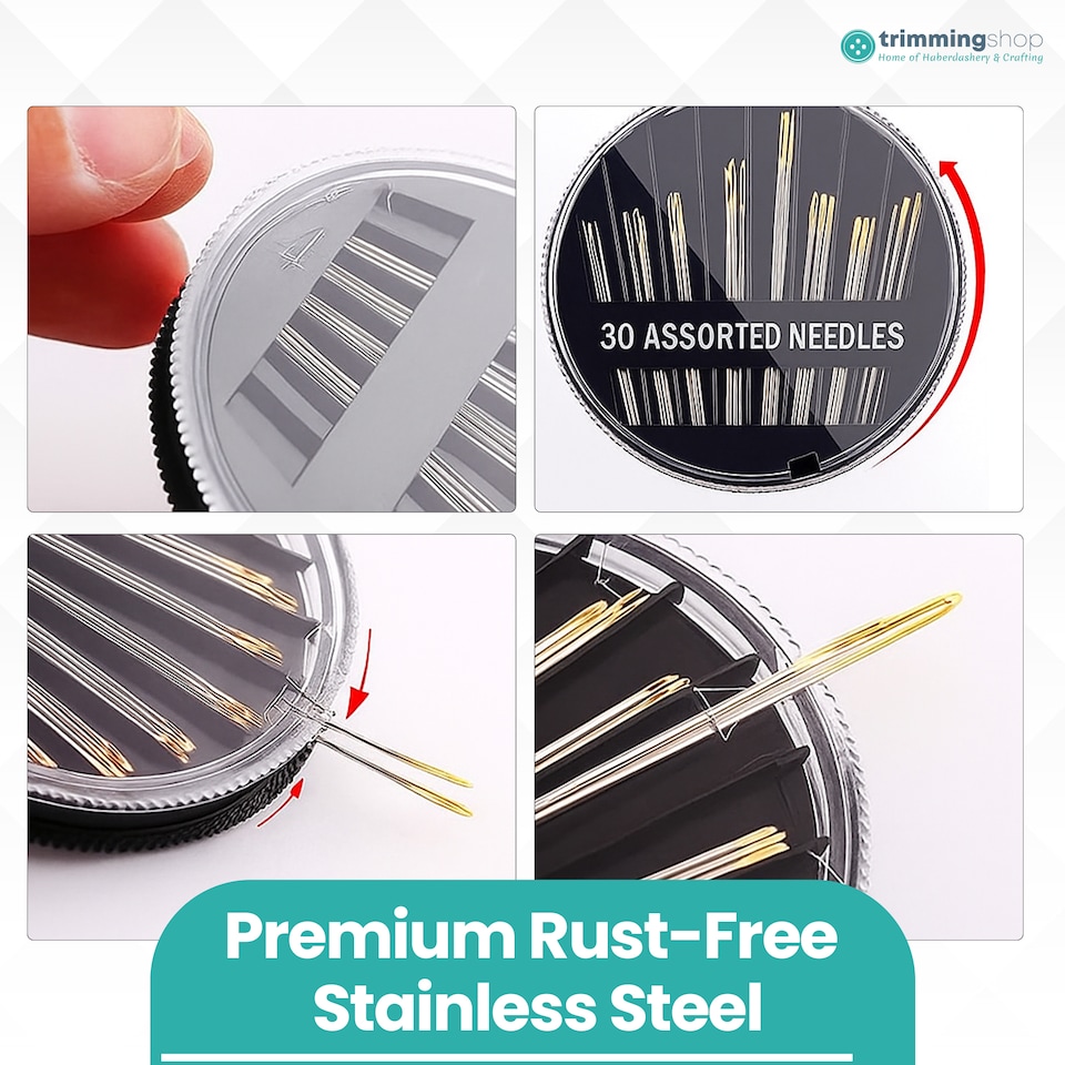 image 1 of 30 Assorted Hand Sewing Needles Set, Stainless Steel Needles in Round Case