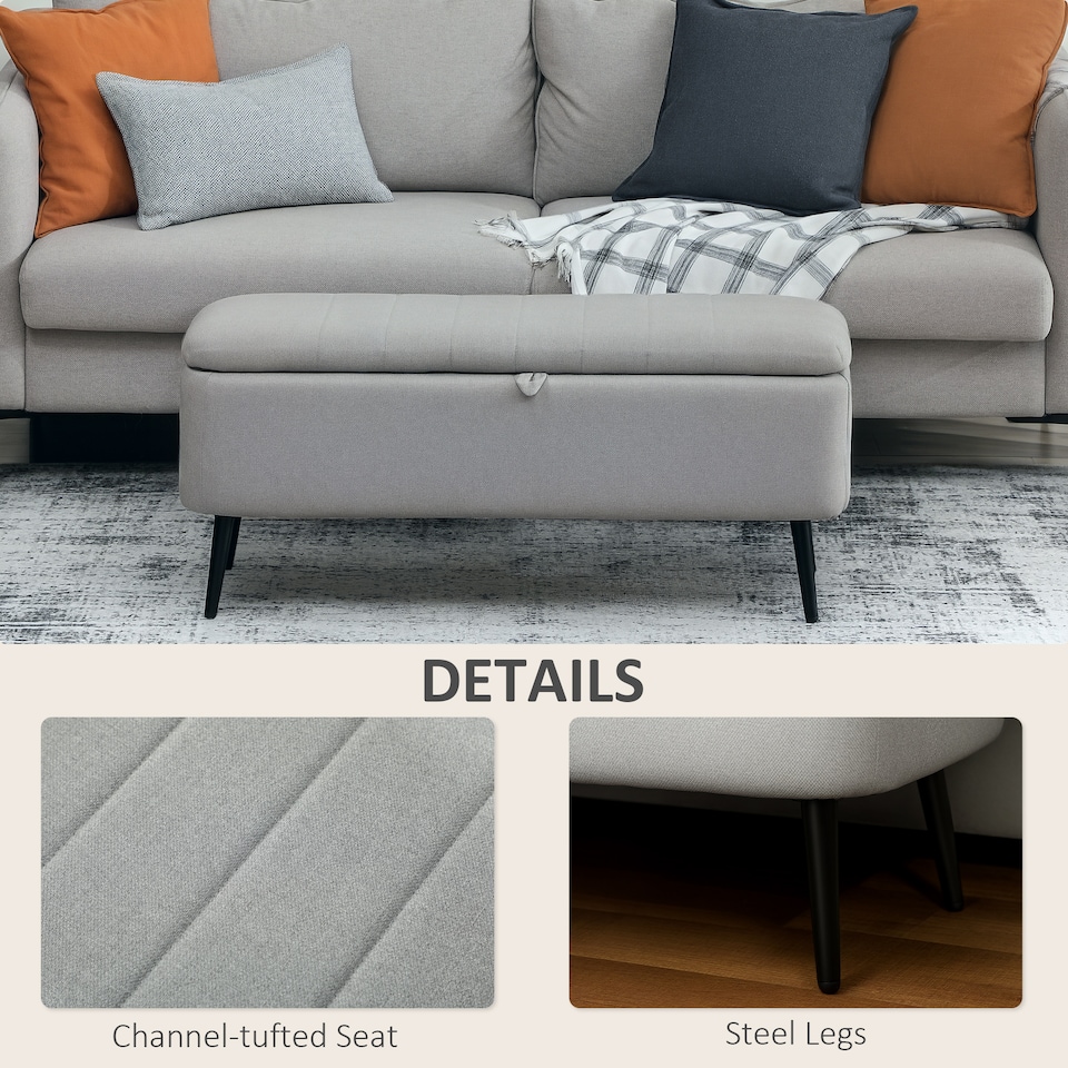 image 1 of HOMCOM Storage Ottoman Bench, Linen-feel Footstool with Steel Legs, Grey