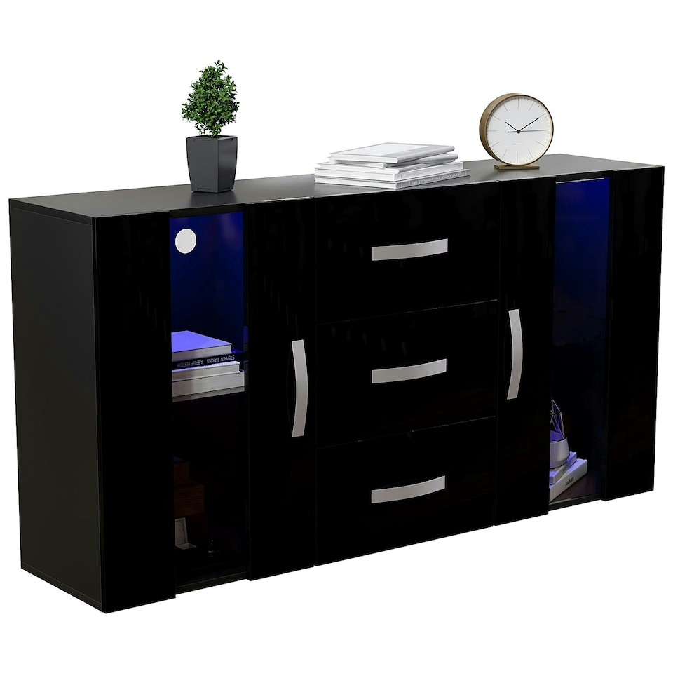 image 1 of Vida Designs Astro 2 Door 3 Drawer LED Sideboard Buffet Cabinet Storage, Black